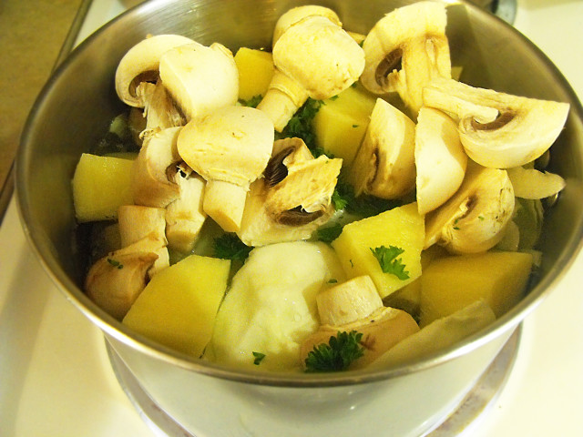 Blended cabbage mushroom soup with potato parsley sage