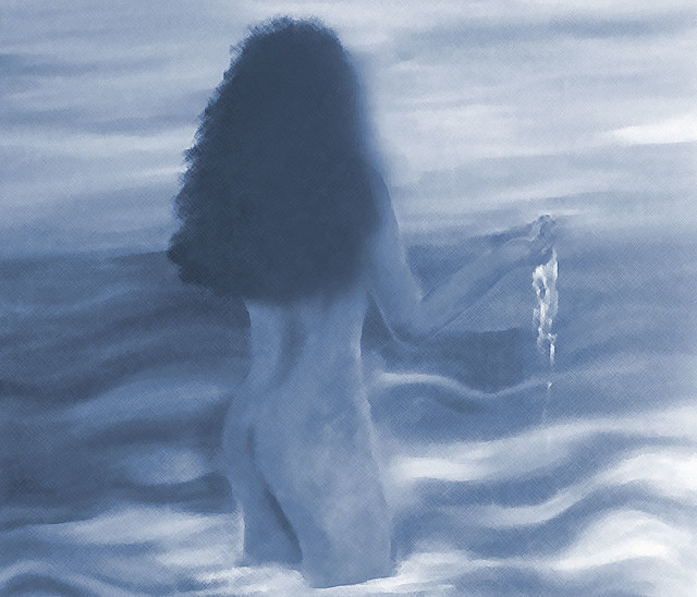 Digitally repainted crop from oil on canvas painting of nude lady bathing in the sea painted by Monica in 1999