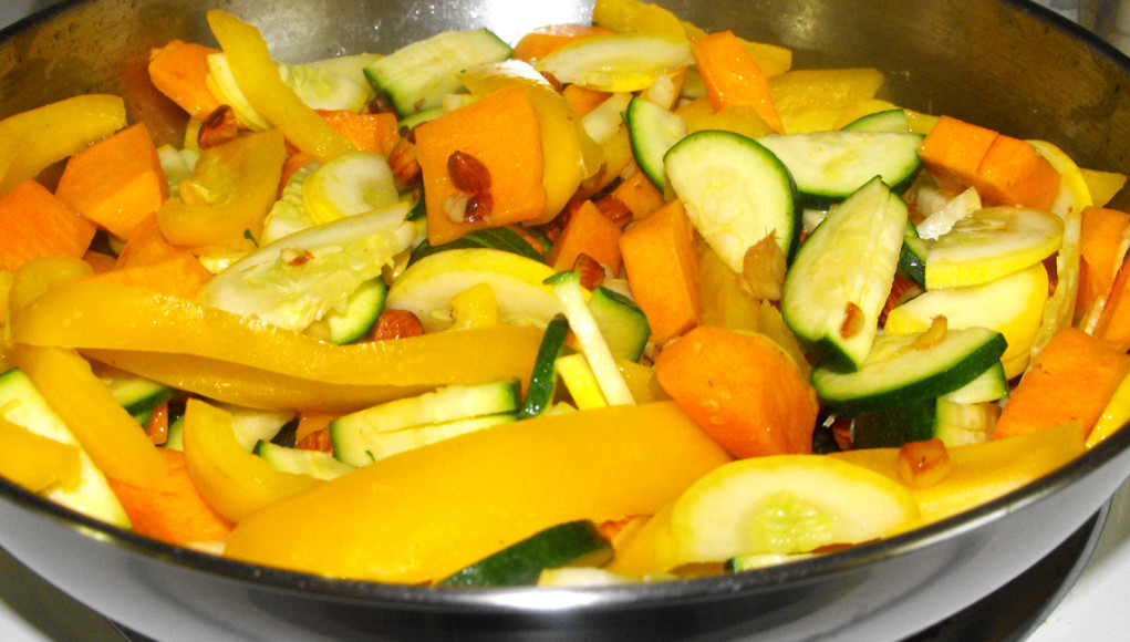 Butternut squash yellow squash zucchini yellow bell pepper prep for blended soup