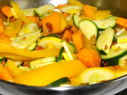 Butternut squash yellow squash zucchini yellow bell pepper prep for blended soup