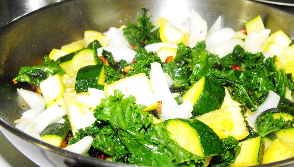 kale zucchini yellow squash prep for blended soup